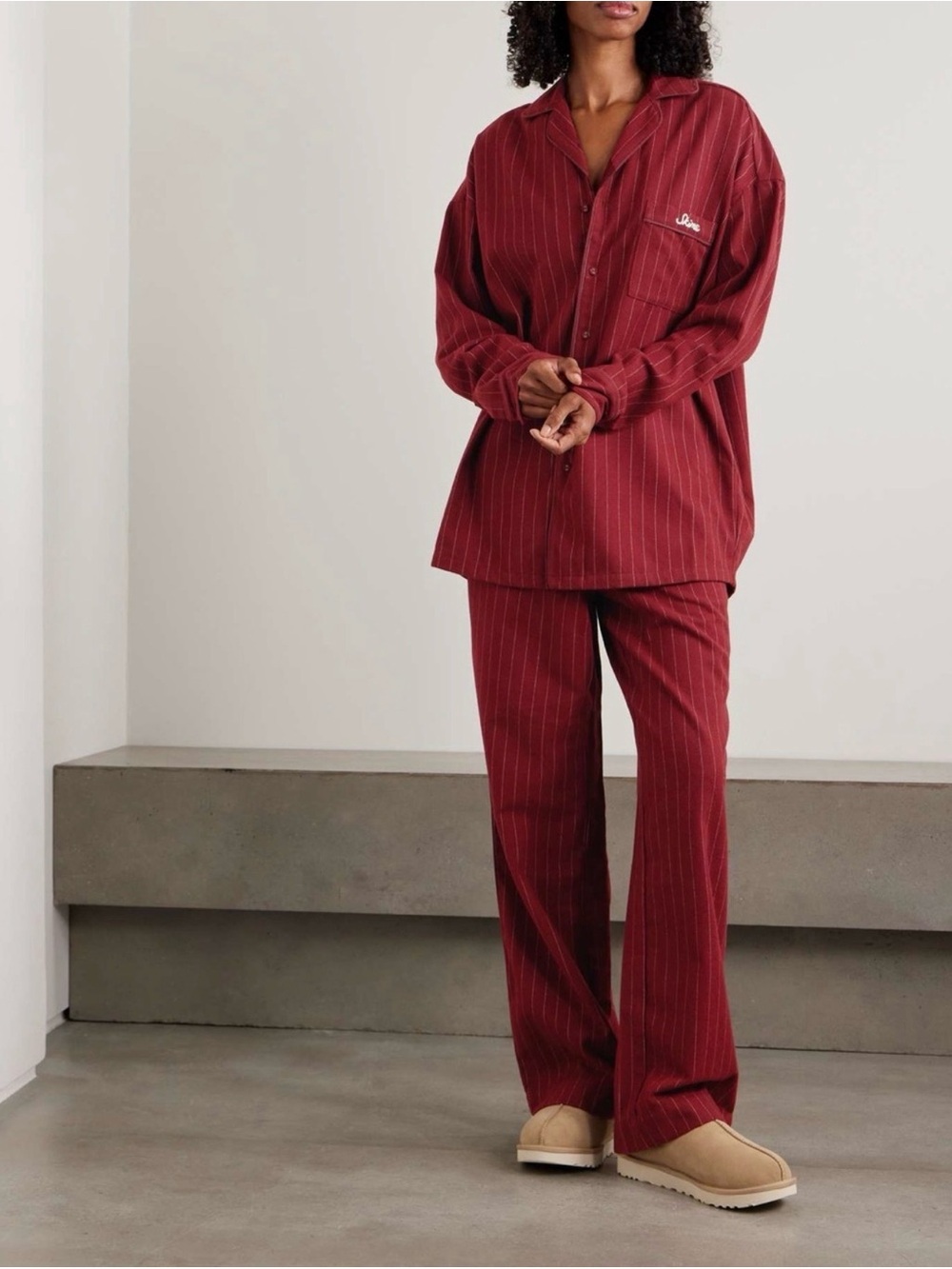 SKIMS Elevated Flannel Sleep Set - Deep Wine NWT xs oversized